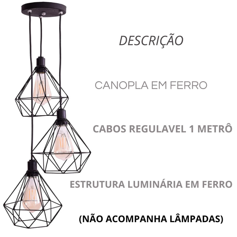 Kit 3 Luminária Tripla Aramada – Perfeita para Ambientes Modernos e Elegantes